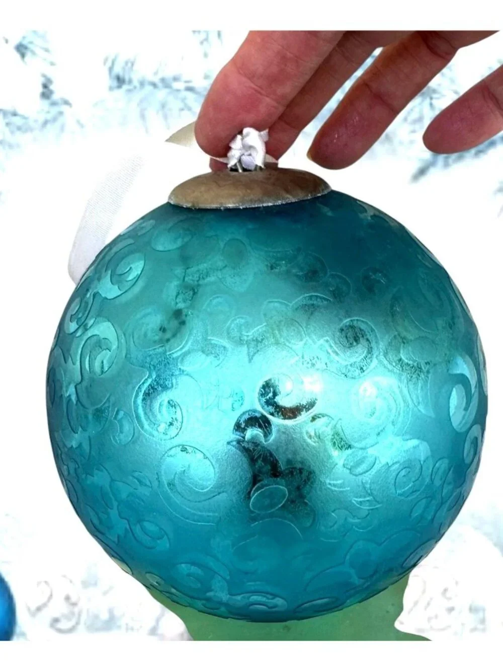 Vintage Large Aqua Blue Christmas Ornament Winter Snow Nostalgic White Ribbon